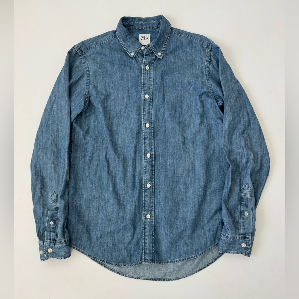 Zara Denim Button Down Shirt S Relaxed Fit Chambray Long Sleeve Men’s
